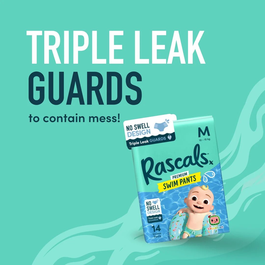 Rascals Cocomelon Premium Baby Swimming Diaper Pants - Advanced Leak Protection Swimming Diaper Pants For Little Swimmers - Extra Stretchy Waistband Swim Pants Medium Pack of 14 - Adenzo Comfies