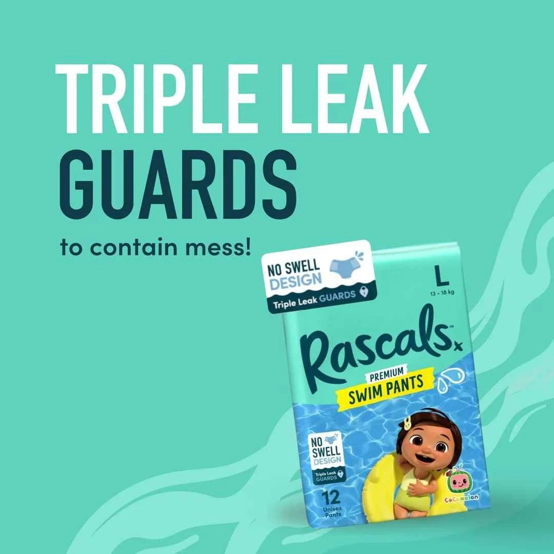 Rascals Cocomelon Premium Baby Swimming Diaper Pants - Advanced Leak Protection Swimming Diaper Pants For Little Swimmers - Extra Stretchy Waistband Swim Pants Large Pack of 12.