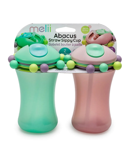 Melii Abacus Straw Sippy Cup, Green & Pink, 340 ml, 12+ Months, 2-Piece Set, Spill-Resistant Training Cups, Fun Bead Design, BPA-Free & Dishwasher Safe