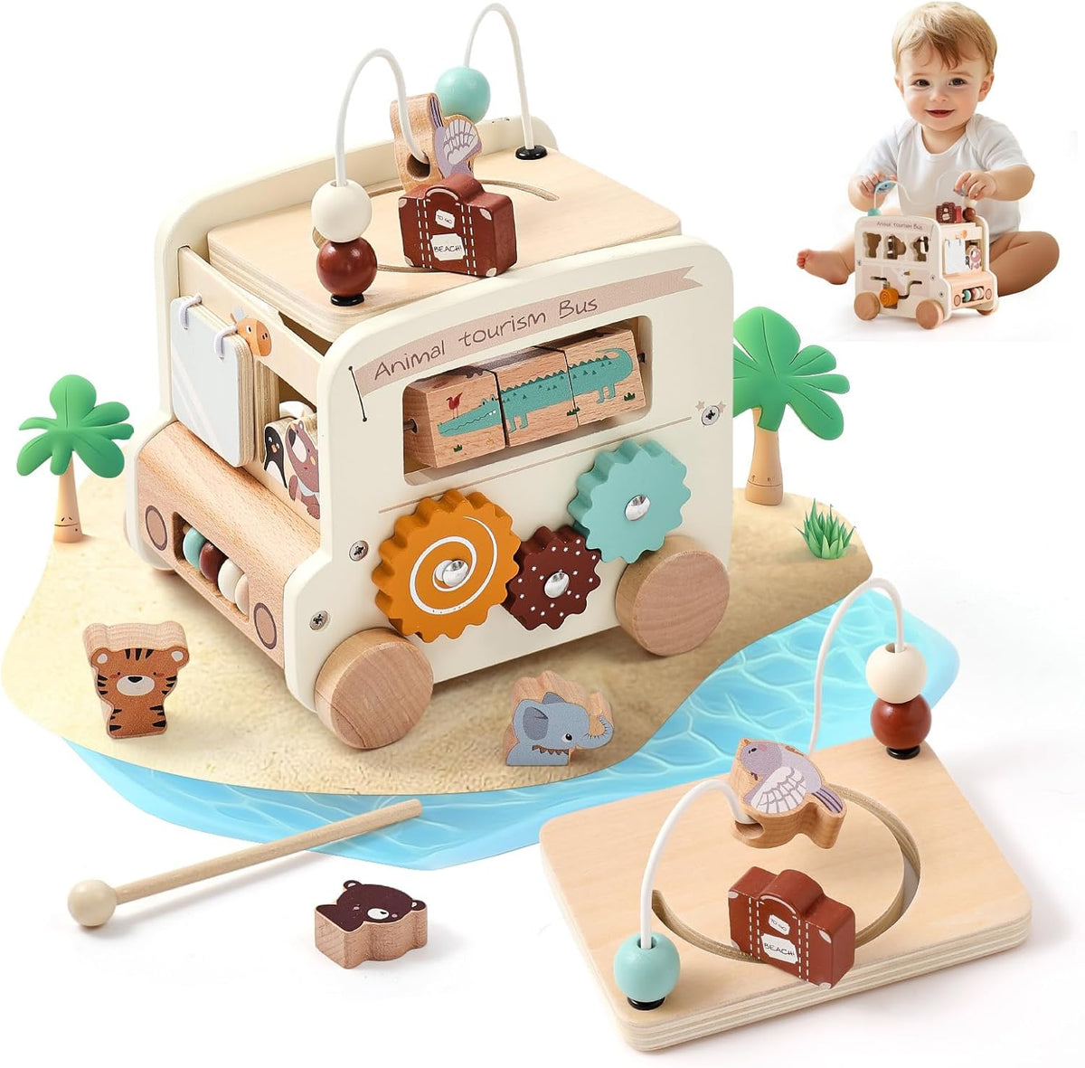 Wooden Activity Cube - 8 in 1 Activity Cube with Animal Tourism Bus Theme | Montessori Toys for 1 Year Old Boys Girls, Multipurpose Educational Toys for Toddlers and Kids . - Adenzo Comfies
