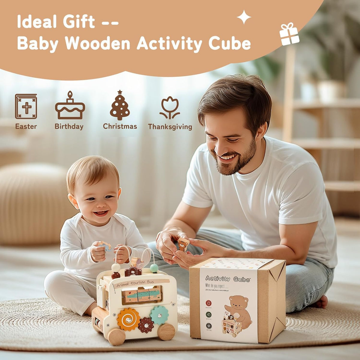Wooden Activity Cube - 8 in 1 Activity Cube with Animal Tourism Bus Theme | Montessori Toys for 1 Year Old Boys Girls, Multipurpose Educational Toys for Toddlers and Kids . - Adenzo Comfies
