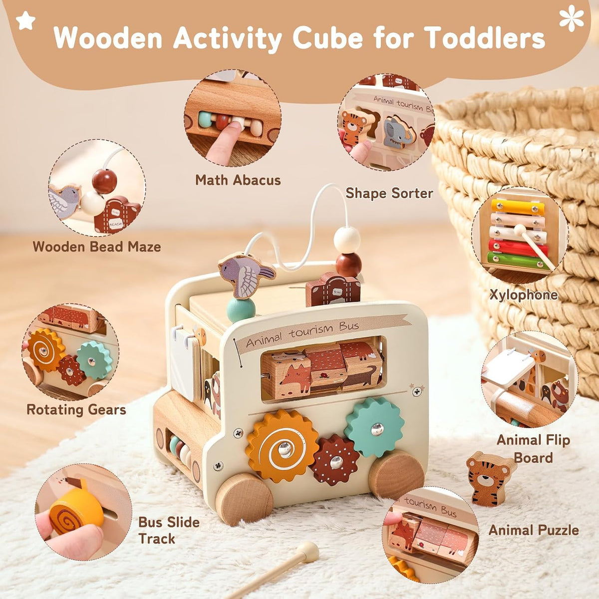 Wooden Activity Cube - 8 in 1 Activity Cube with Animal Tourism Bus Theme | Montessori Toys for 1 Year Old Boys Girls, Multipurpose Educational Toys for Toddlers and Kids . - Adenzo Comfies
