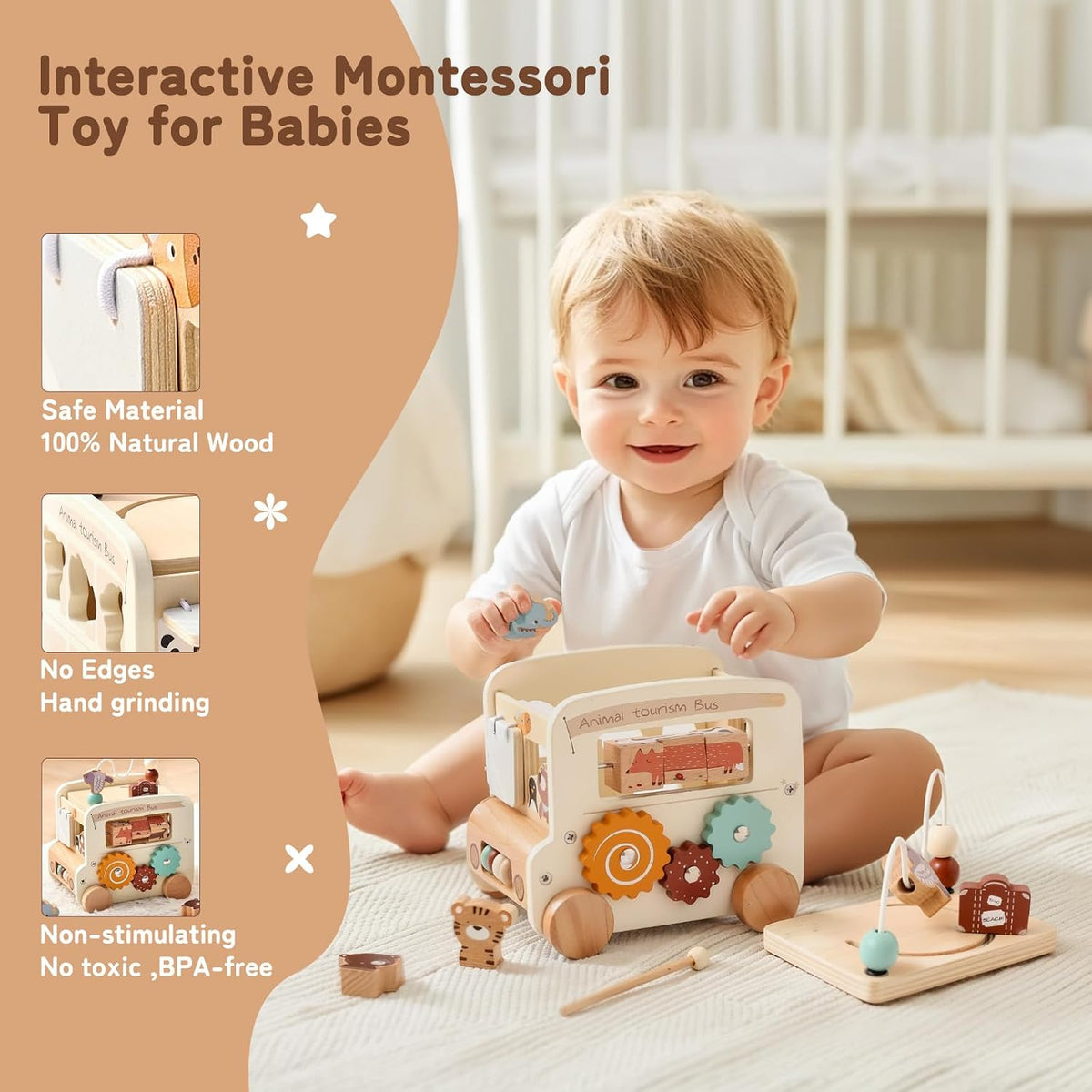 Wooden Activity Cube - 8 in 1 Activity Cube with Animal Tourism Bus Theme | Montessori Toys for 1 Year Old Boys Girls, Multipurpose Educational Toys for Toddlers and Kids . - Adenzo Comfies