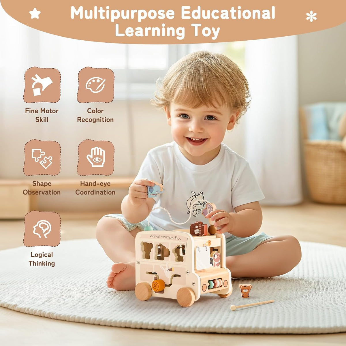 Wooden Activity Cube - 8 in 1 Activity Cube with Animal Tourism Bus Theme | Montessori Toys for 1 Year Old Boys Girls, Multipurpose Educational Toys for Toddlers and Kids . - Adenzo Comfies