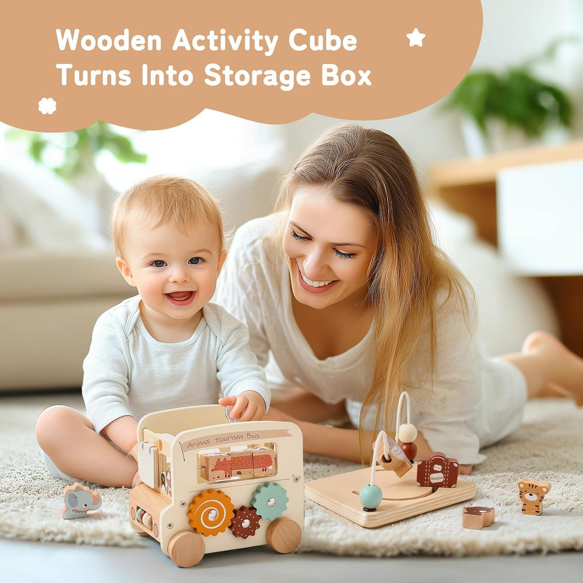 Wooden Activity Cube - 8 in 1 Activity Cube with Animal Tourism Bus Theme | Montessori Toys for 1 Year Old Boys Girls, Multipurpose Educational Toys for Toddlers and Kids . - Adenzo Comfies