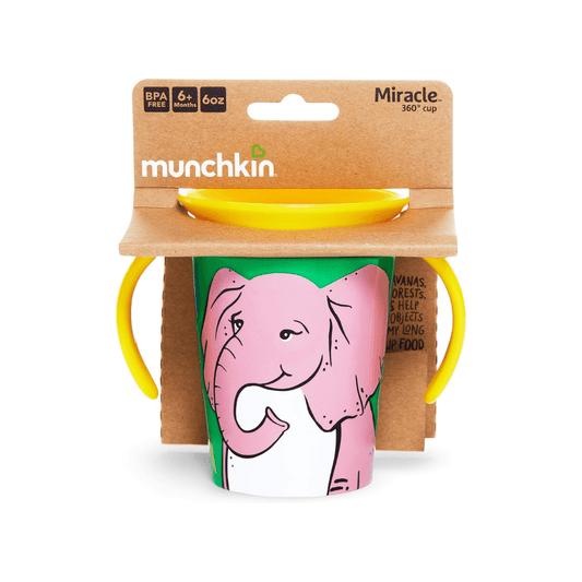 Munchkin Miracle 360° WildLove Trainer Cup| 6 oz/177 ml |Spill-Proof| BPA-Free Toddler Cup with 360° Drinking Edge - Eco-Friendly Packaging |Elephant - Adenzo Comfies