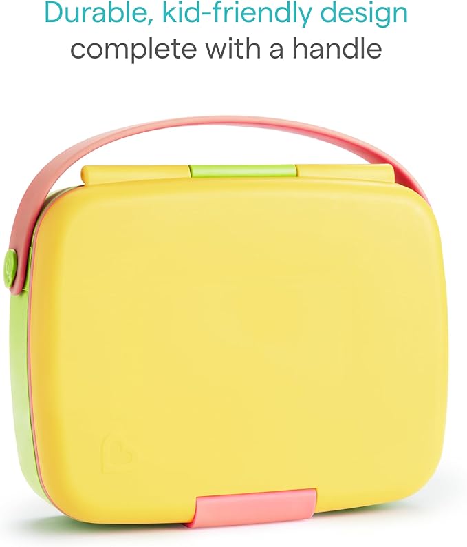 Munchkin - Bento Lunch Box for Kids and Babies, Includes Stainless Steel Utensils, BPA-Free, for Ages 18 Months and Up, Blue/Green/Yellow