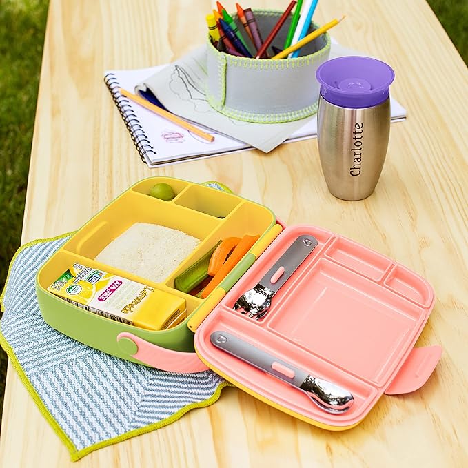 Munchkin - Bento Lunch Box for Kids and Babies, Includes Stainless Steel Utensils, BPA-Free, for Ages 18 Months and Up, Blue/Green/Yellow