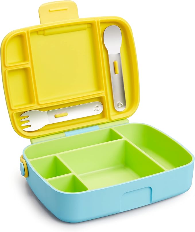 Munchkin - Bento Lunch Box for Kids and Babies, Includes Stainless Steel Utensils, BPA-Free, for Ages 18 Months and Up, Blue/Green/Yellow
