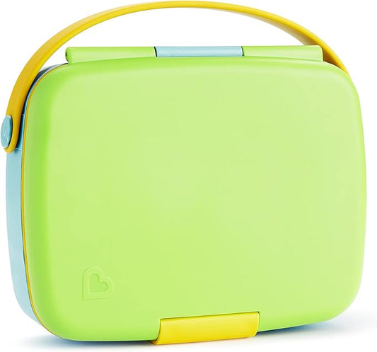 Munchkin - Bento Lunch Box for Kids and Babies, Includes Stainless Steel Utensils, BPA-Free, for Ages 18 Months and Up, Blue/Green/Yellow