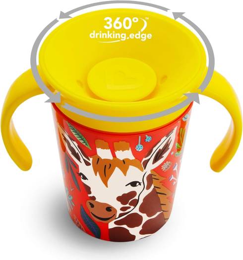 Munchkin Miracle 360° WildLove Trainer Cup| 6 oz/177 ml |Spill-Proof| BPA-Free Toddler Cup with 360° Drinking Edge - Eco-Friendly Packaging |Giraffe - Adenzo Comfies