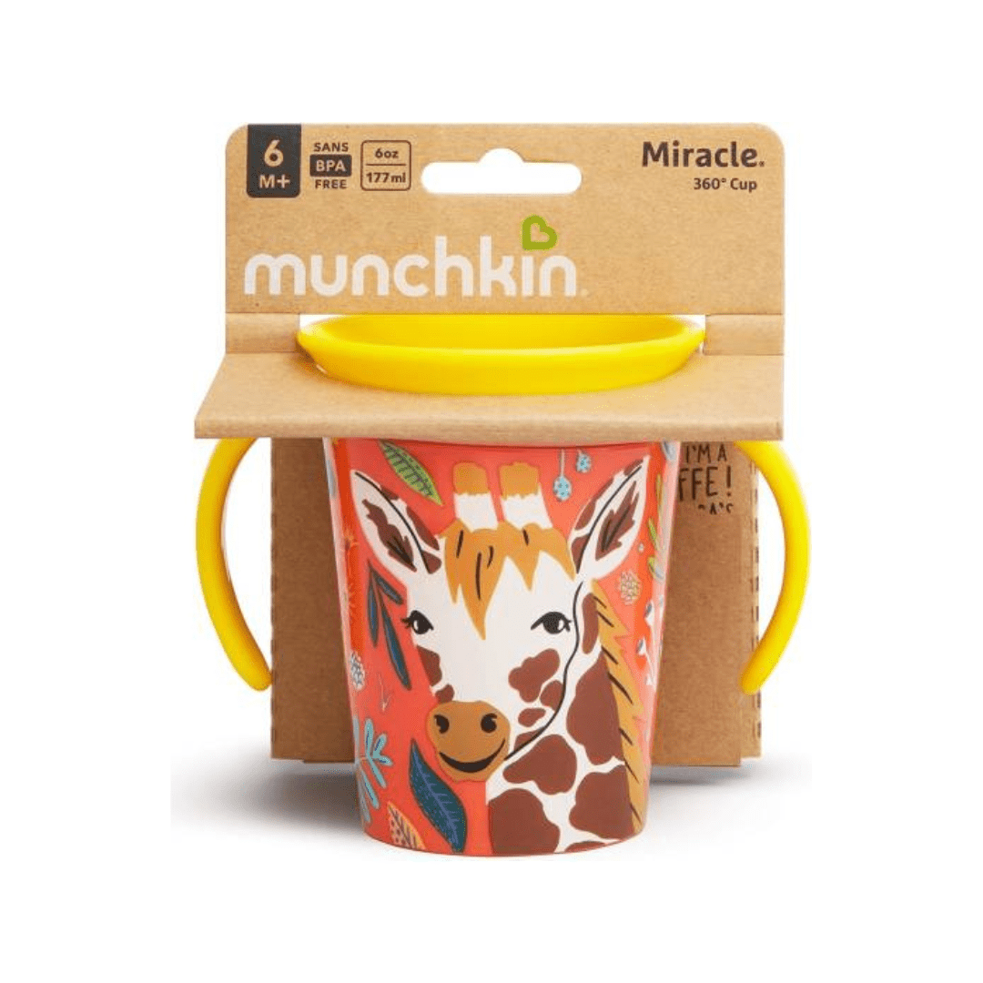 Munchkin Miracle 360° WildLove Trainer Cup| 6 oz/177 ml |Spill-Proof| BPA-Free Toddler Cup with 360° Drinking Edge - Eco-Friendly Packaging |Giraffe - Adenzo Comfies