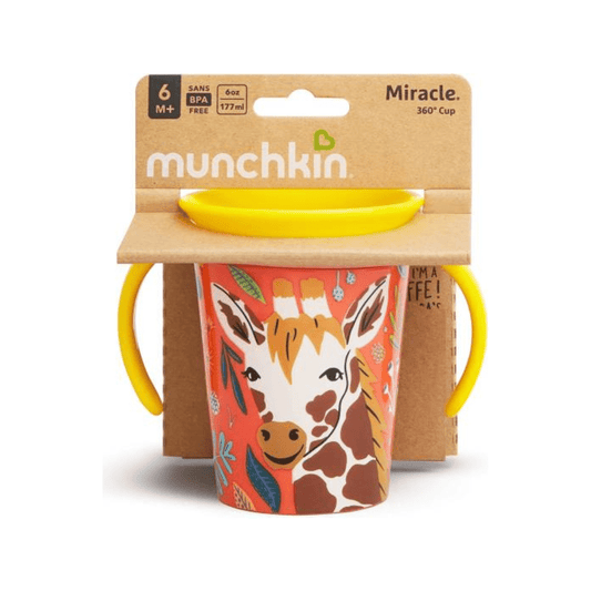 Munchkin Miracle 360° WildLove Trainer Cup| 6 oz/177 ml |Spill-Proof| BPA-Free Toddler Cup with 360° Drinking Edge - Eco-Friendly Packaging |Giraffe - Adenzo Comfies