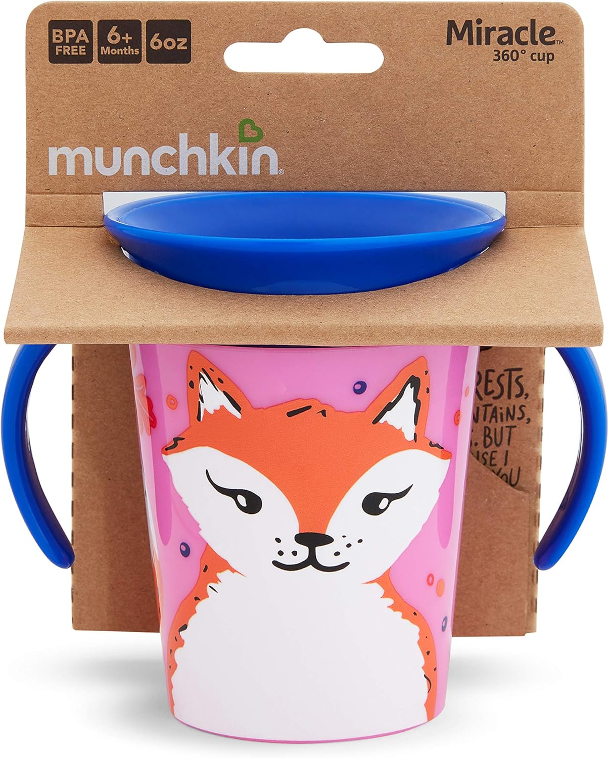 Munchkin Miracle 360° WildLove Trainer Cup| 6 oz/177 ml |Spill-Proof| BPA-Free Toddler Cup with 360° Drinking Edge - Eco-Friendly Packaging |Fox
