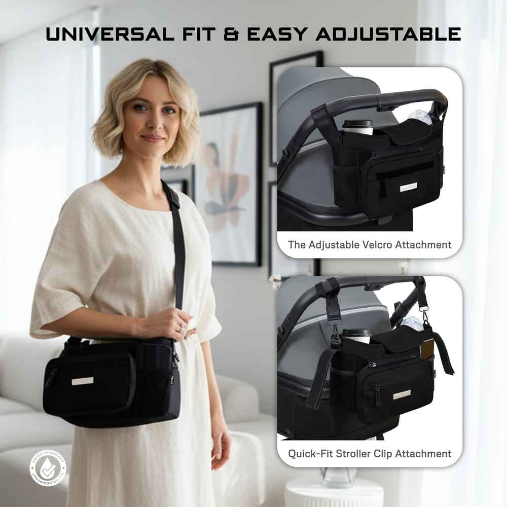 Neobreez FYRA Universal Baby Stroller Organizer, Baby Stroller Caddy Hanging Bag with Insulated Cup Holder, Bottle Holders, Phone Pocket, Fits For All Strollers, Pram Buggy Pushchair Organizer Bag-Black . - Adenzo Comfies