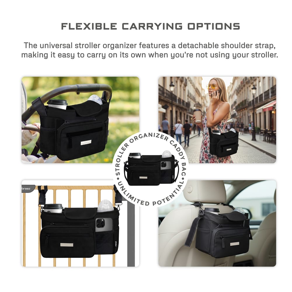 Neobreez FYRA Universal Baby Stroller Organizer, Baby Stroller Caddy Hanging Bag with Insulated Cup Holder, Bottle Holders, Phone Pocket, Fits For All Strollers, Pram Buggy Pushchair Organizer Bag-Black . - Adenzo Comfies