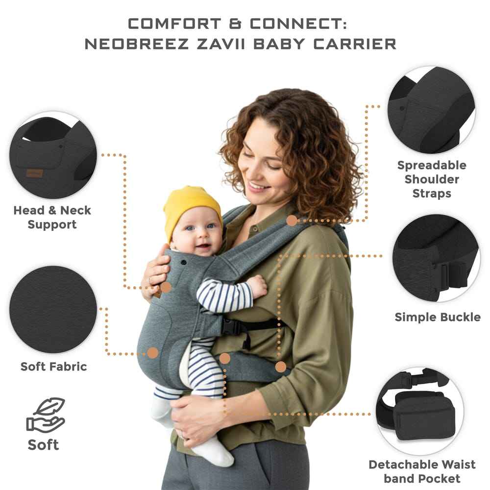 Neobreez ZAVII 2-in-1 Baby Carrier for Newborns To Toddler,Head Support,Extra Soft&Ergonomic,Detachable Privacy Hood&Saliva Cotton Bib,Lightweight Easily Adjustable Hip Infant Carrier,7-26lbs,3-12kg. - Adenzo Comfies