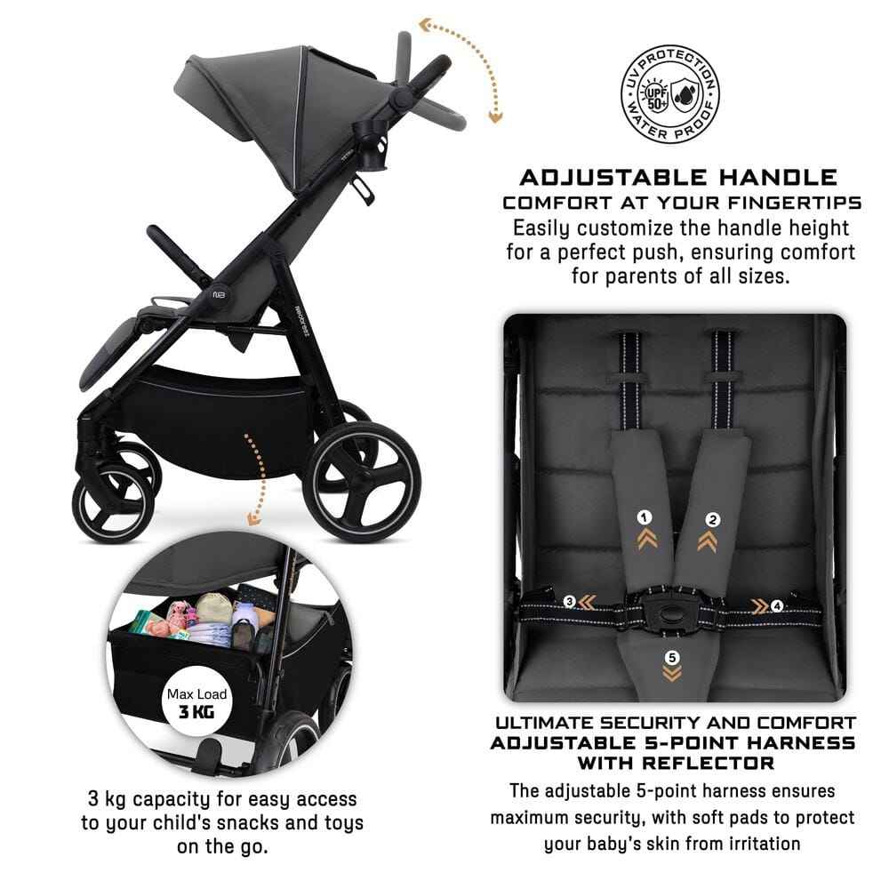 Neobreez TETRA Compact All-Terrain Baby Toddler Stroller, Pushchair Buggy,One Hand Fold Deep&Wide Seat,UV&Waterproof Canopy, Bag,Phone&Cup Holder&Toy Strap,LED lights,0-4yrs,22kg.