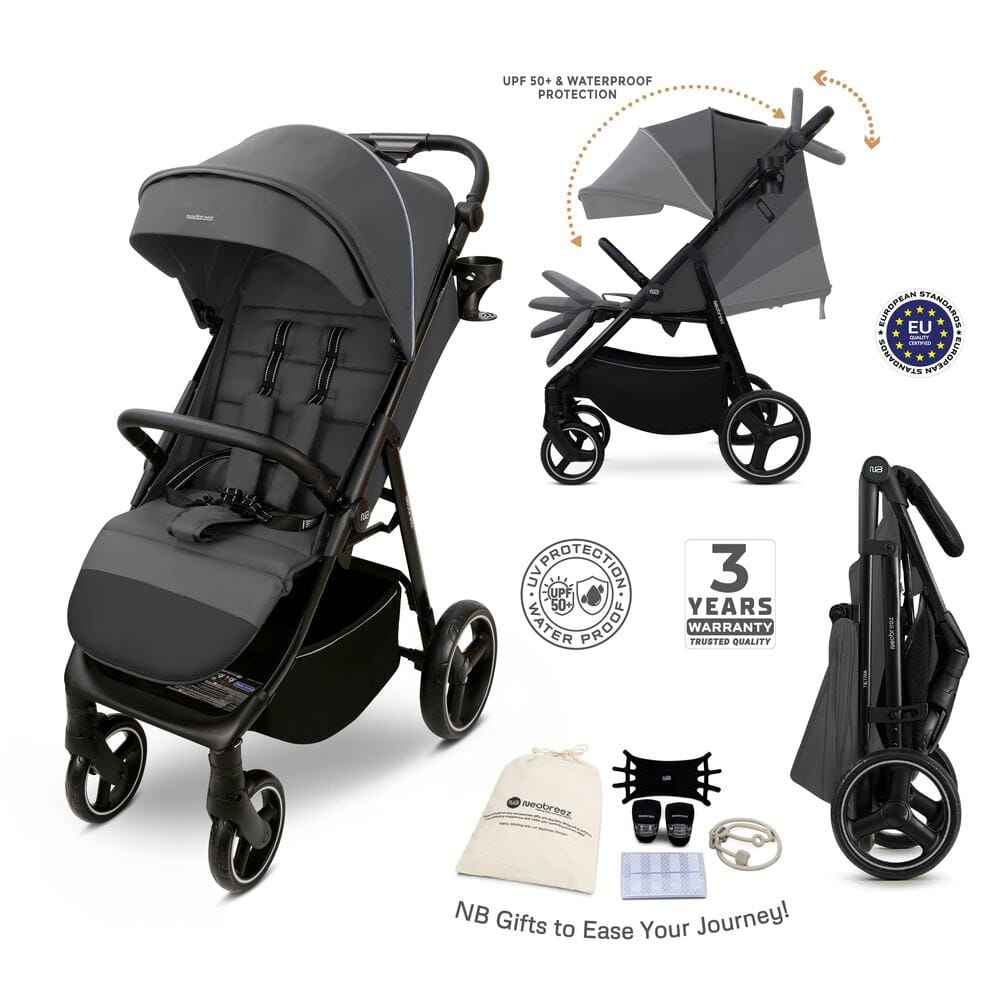 Neobreez TETRA Compact All-Terrain Baby Toddler Stroller, Pushchair Buggy,One Hand Fold Deep&Wide Seat,UV&Waterproof Canopy, Bag,Phone&Cup Holder&Toy Strap,LED lights,0-4yrs,22kg.