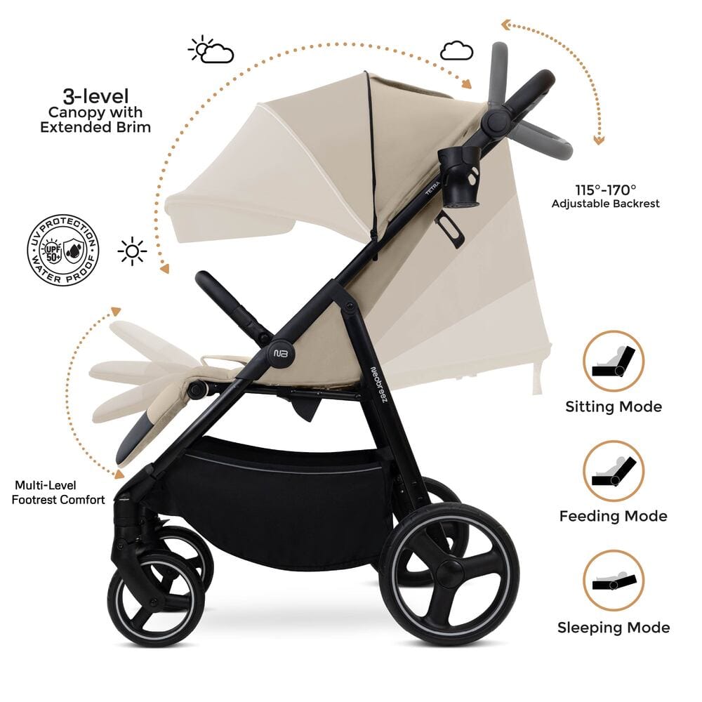 Neobreez TETRA Compact All-Terrain Baby Toddler Stroller, Pushchair Buggy,One Hand Fold Deep&Wide Seat,UV&Waterproof Canopy, Bag,Phone&Cup Holder&Toy Strap,LED lights,0-4yrs,22kg.