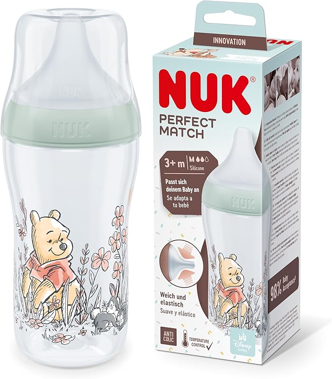 NUK Perfect Match Baby Bottle, 3+ Months, Fits Baby Palate, Temperature Control, Anti-Colic Vent, 260 ml, BPA Free, Silicone M Teat, Disney Winnie the Pooh