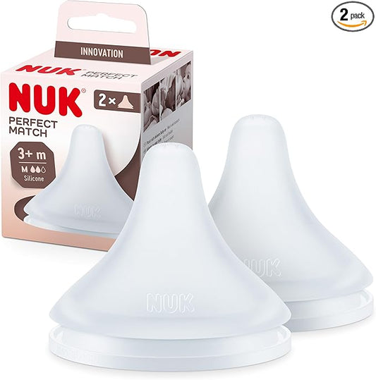NUK Perfect Match Baby Bottle Teats | 3+ Months | Adapts to Baby's Palate | Anti Colic Vent | BPA-Free | Medium Silicone Teat for Bottles | 2 Count
