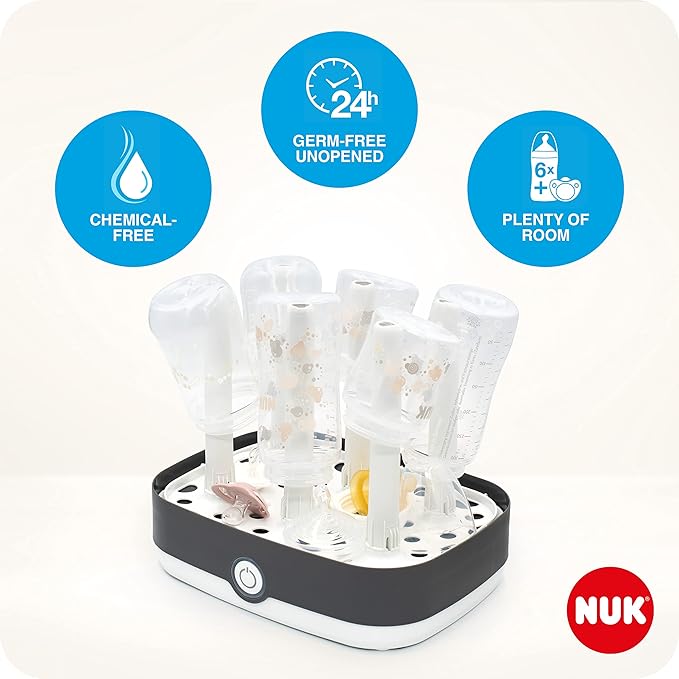 NUK Vario Express Bottle Steriliser | Steam Sterilises up to 6 Baby Bottles & Accessories in 6 Minutes | Auto Switch Off | Removable Basket & Poles | UK 3 Pin Plug