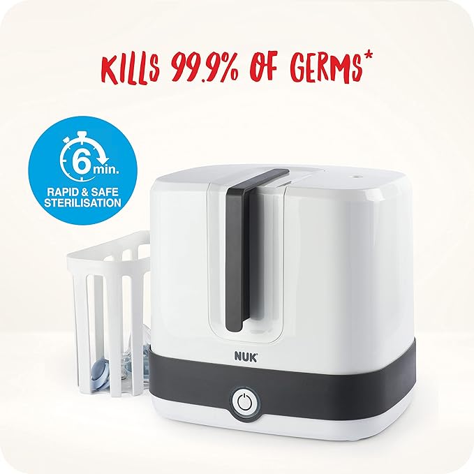 NUK Vario Express Bottle Steriliser | Steam Sterilises up to 6 Baby Bottles & Accessories in 6 Minutes | Auto Switch Off | Removable Basket & Poles | UK 3 Pin Plug