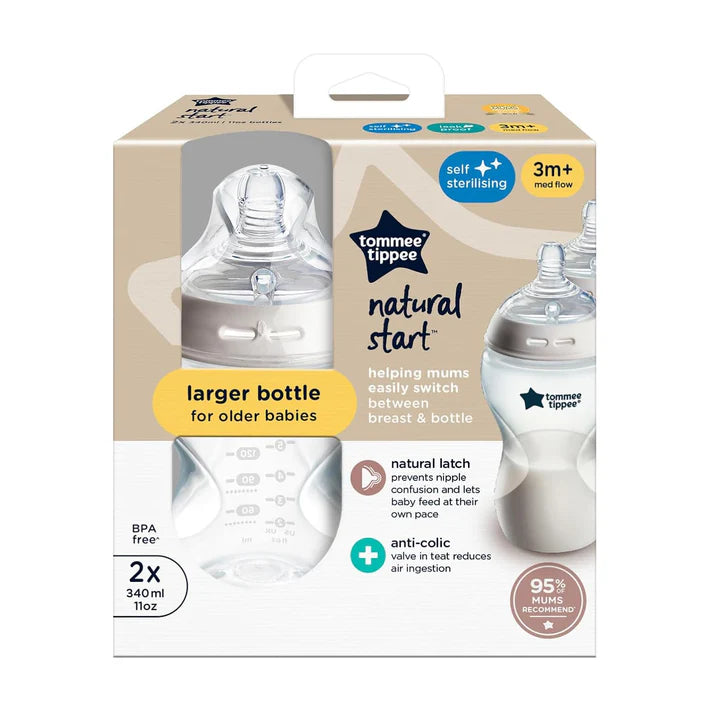 Tommee Tippee Natural Start Baby Bottles, 0m+, 2 Pack (260ml & 340ml), Anti‑Colic Valve, BPA‑Free, Easy Hold Design