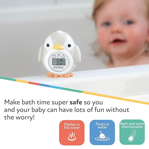 Nuby Penguin Baby Bath Thermometer - Digital Thermometer with Easy to Read Screen | BPA Free | Suitable from Birth (Grey)