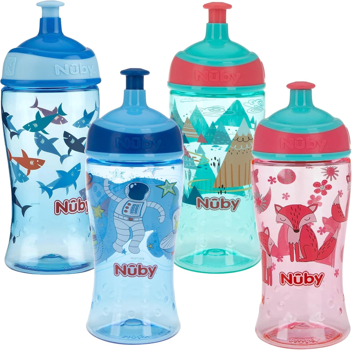 Nuby Printed Kids Pop Up Sipper Water Bottle, Colors May Vary, 1 Pack of 1 Bottle, 12 Oz., Multi