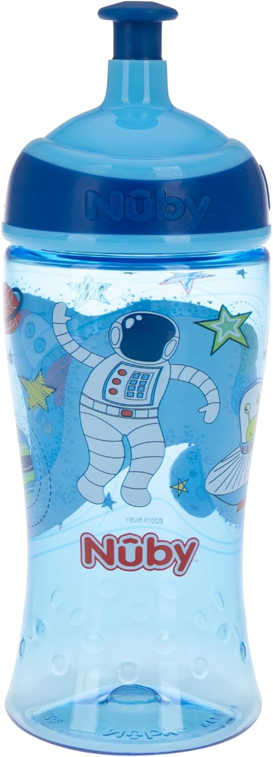 Nuby Printed Kids Pop Up Sipper Water Bottle, Colors May Vary, 1 Pack of 1 Bottle, 12 Oz., Multi