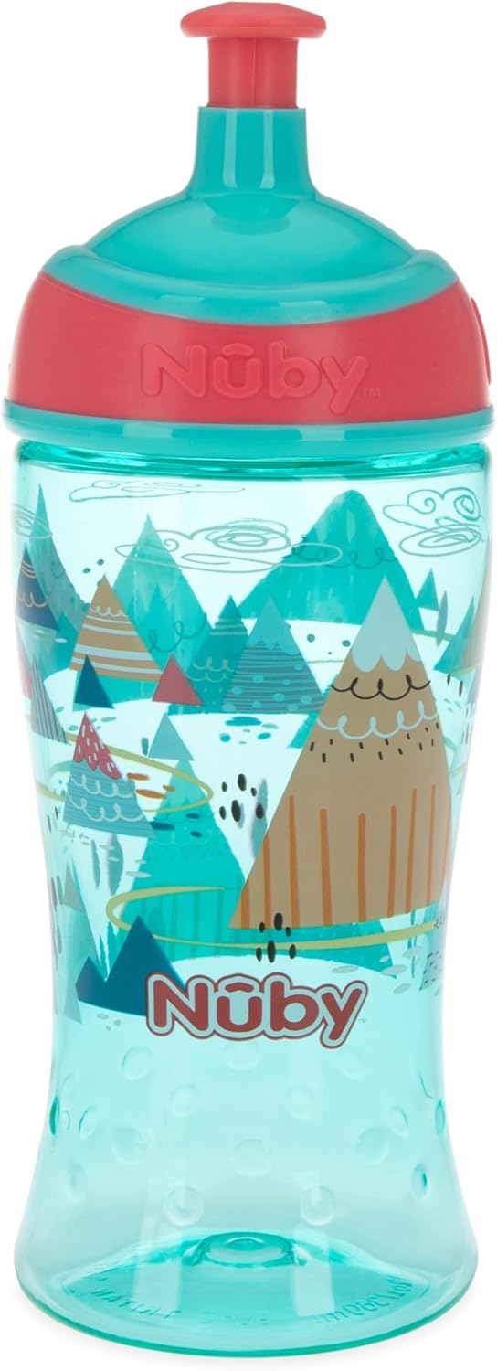 Nuby Printed Kids Pop Up Sipper Water Bottle, Colors May Vary, 1 Pack of 1 Bottle, 12 Oz., Multi