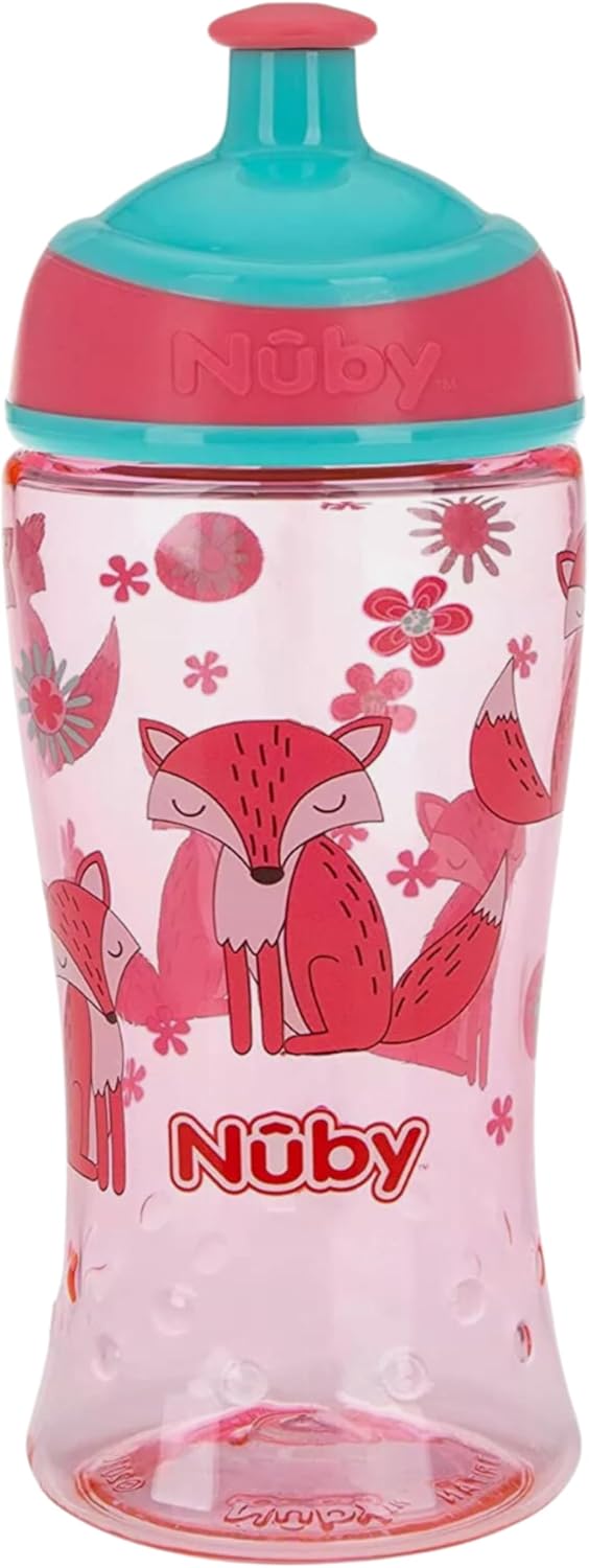 Nuby Printed Kids Pop Up Sipper Water Bottle, Colors May Vary, 1 Pack of 1 Bottle, 12 Oz., Multi
