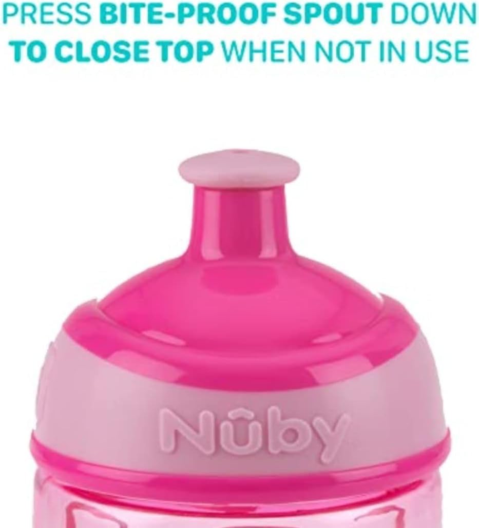 Nuby Printed Kids Pop Up Sipper Water Bottle, Colors May Vary, 1 Pack of 1 Bottle, 12 Oz., Multi