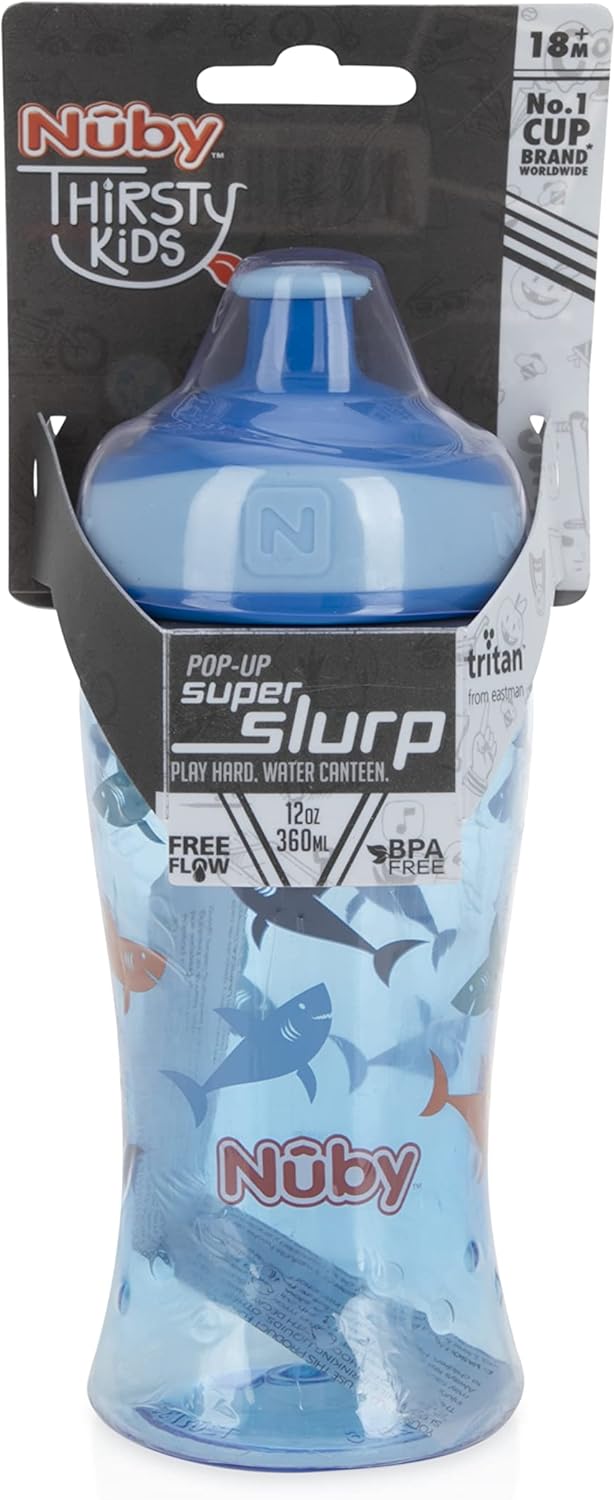 Nuby Printed Kids Pop Up Sipper Water Bottle, Colors May Vary, 1 Pack of 1 Bottle, 12 Oz., Multi