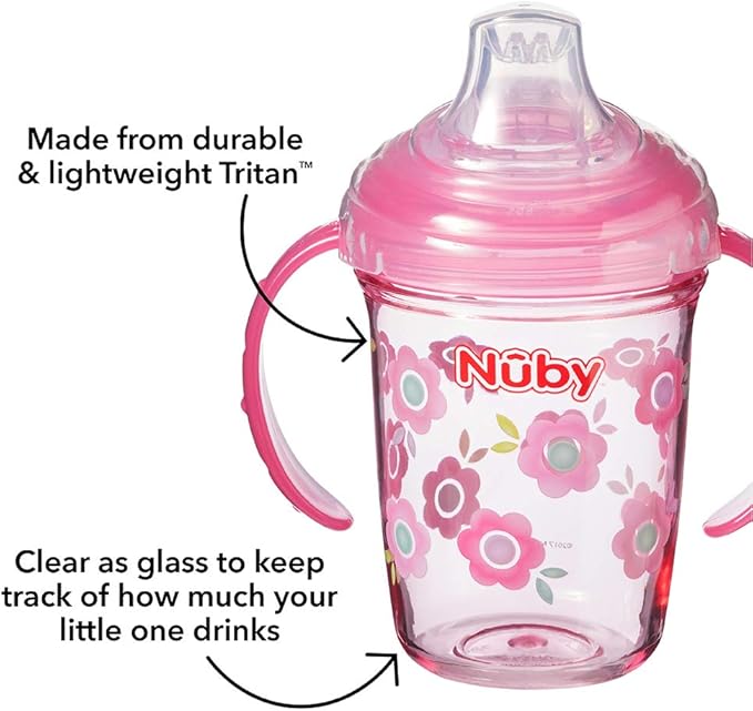 Nuby Tritan Grip N Sip Sippy Cup, 240 ml Beaker for 4 Months +, Flowers, Pink