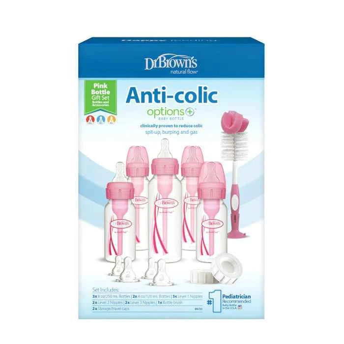 Dr. Brown’s Natural Flow Anti-Colic Options+ Narrow Neck Baby Bottle Gift Set – BPA-Free Newborn Feeding Set with 5 Bottles, Bottle Brush, Travel Caps & Slow Flow Nipples
