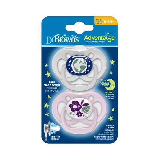 Dr Brown's Advantage Glow in the Dark Soother 6-18 Month - Pink. - Adenzo Comfies