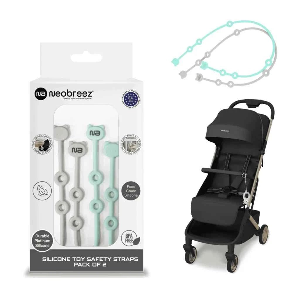 Neobreez Food Grade Silicone Toy Safety Strap For Strollers,Buggy,Pushchair,Pram,Carseat,High-Chair|Adjustable Baby Toddler Toy,Pacifier,Bottle,Cribs,Teether Holder|Toy Safety Belt(Pack of 2)-Grey Green . - Adenzo Comfies