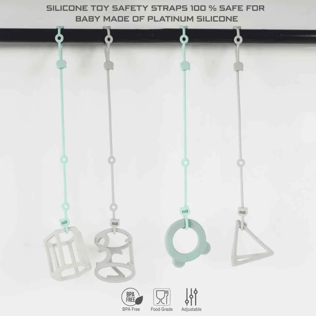 Neobreez Food Grade Silicone Toy Safety Strap For Strollers,Buggy,Pushchair,Pram,Carseat,High-Chair|Adjustable Baby Toddler Toy,Pacifier,Bottle,Cribs,Teether Holder|Toy Safety Belt(Pack of 2)-Grey Green . - Adenzo Comfies