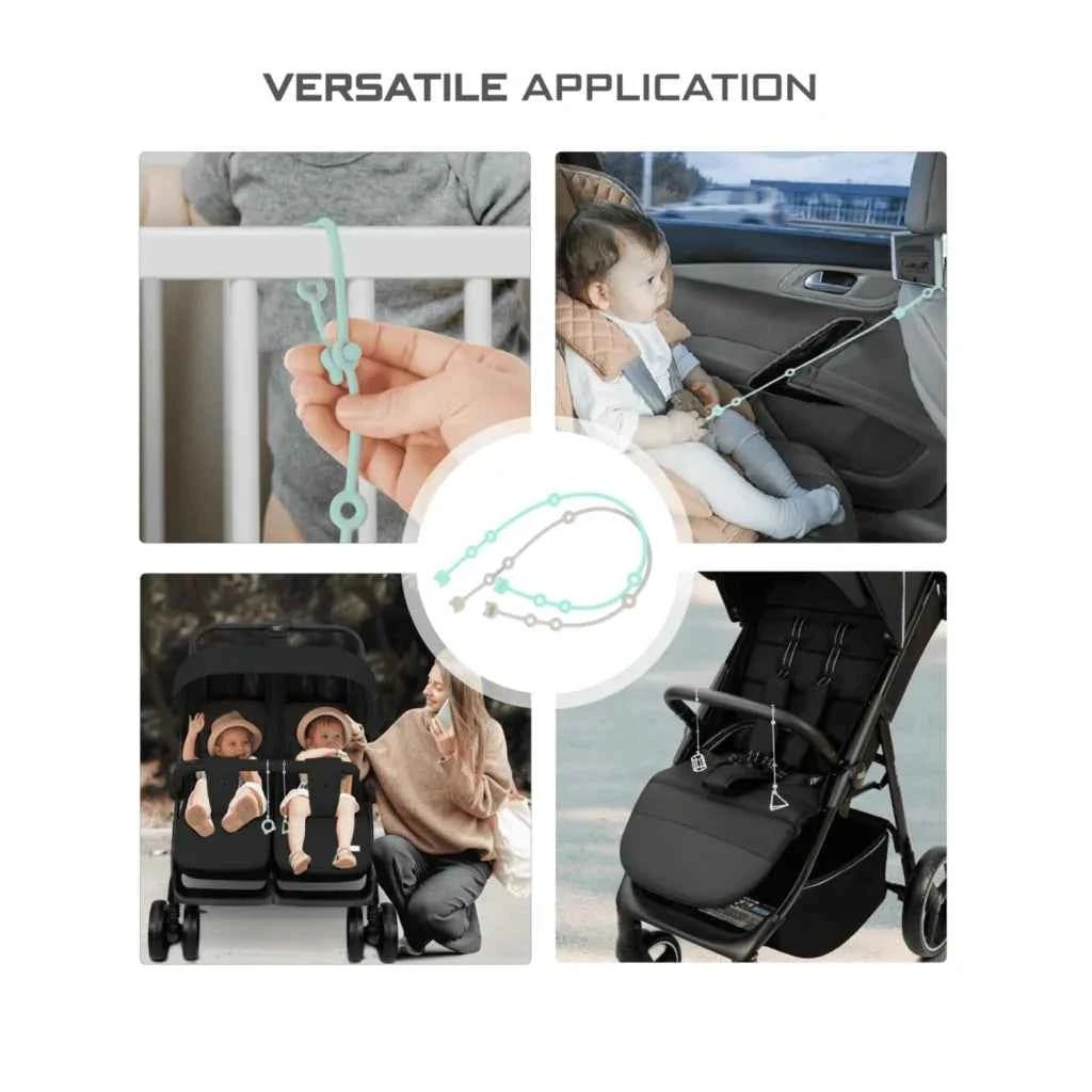 Neobreez Food Grade Silicone Toy Safety Strap For Strollers,Buggy,Pushchair,Pram,Carseat,High-Chair|Adjustable Baby Toddler Toy,Pacifier,Bottle,Cribs,Teether Holder|Toy Safety Belt(Pack of 2)-Grey Green . - Adenzo Comfies