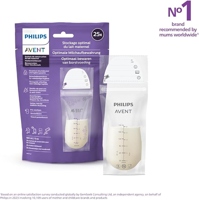 Philips Avent SCF603/25 Pack of 25 Breast Milk Storage Bags, 180 ml, White
