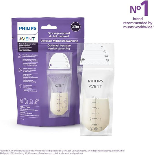 Philips Avent SCF603/25 Pack of 25 Breast Milk Storage Bags, 180 ml, White