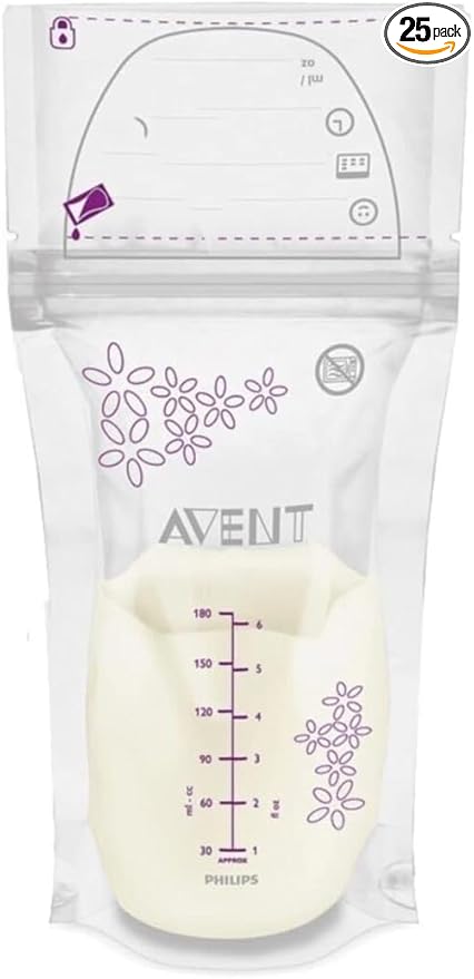 Philips Avent SCF603/25 Pack of 25 Breast Milk Storage Bags, 180 ml, White