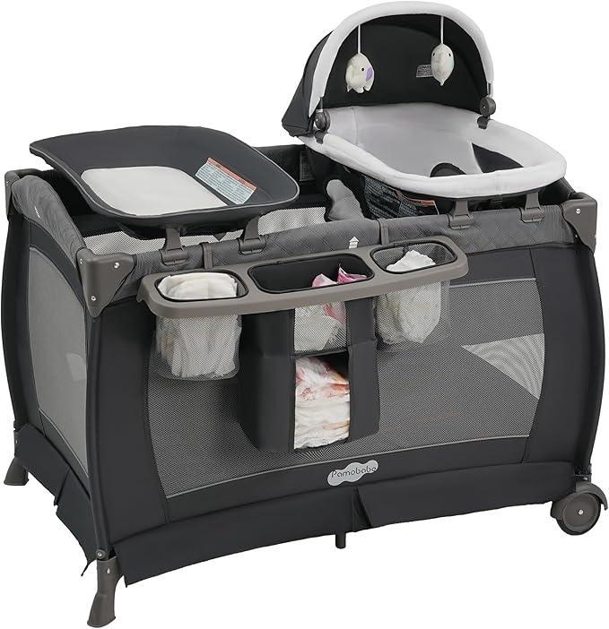 Pamo Babe Playard Deluxe Nursery Center Portable Playard Foldable Playpen for Baby and Toddler Portable Crib Mattress Diaper Changer for Newborn (Grey) - Adenzo Comfies