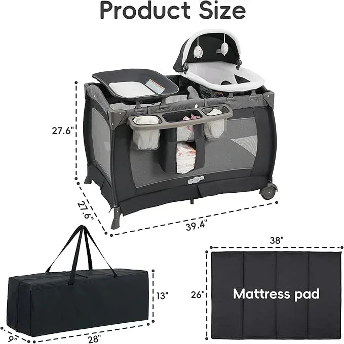 Pamo Babe Playard Deluxe Nursery Center Portable Playard Foldable Playpen for Baby and Toddler Portable Crib Mattress Diaper Changer for Newborn (Grey) - Adenzo Comfies
