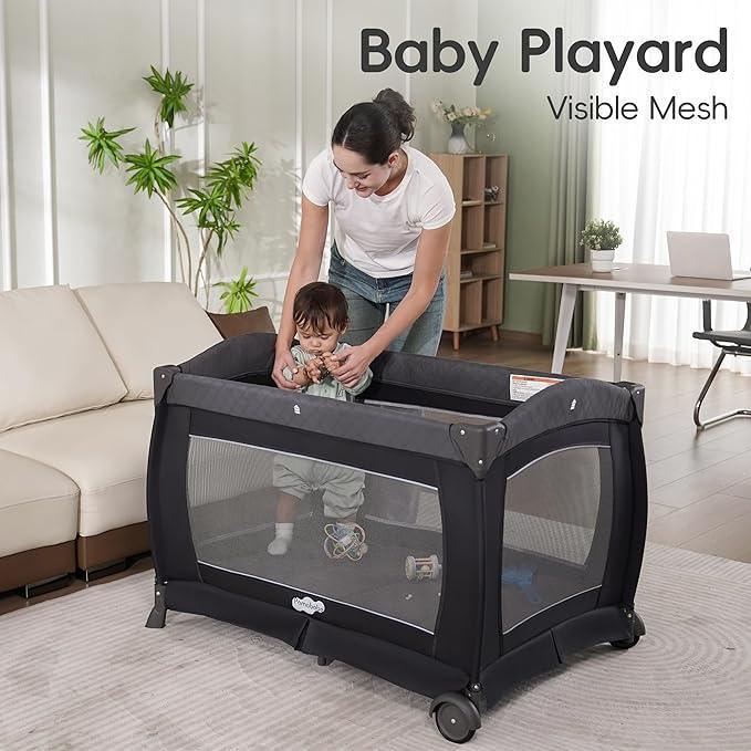 Pamo Babe Playard Deluxe Nursery Center Portable Playard Foldable Playpen for Baby and Toddler Portable Crib Mattress Diaper Changer for Newborn (Grey) - Adenzo Comfies