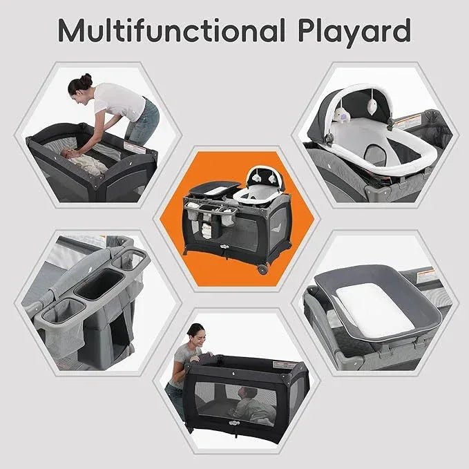 Pamo Babe Playard Deluxe Nursery Center Portable Playard Foldable Playpen for Baby and Toddler Portable Crib Mattress Diaper Changer for Newborn (Grey) - Adenzo Comfies