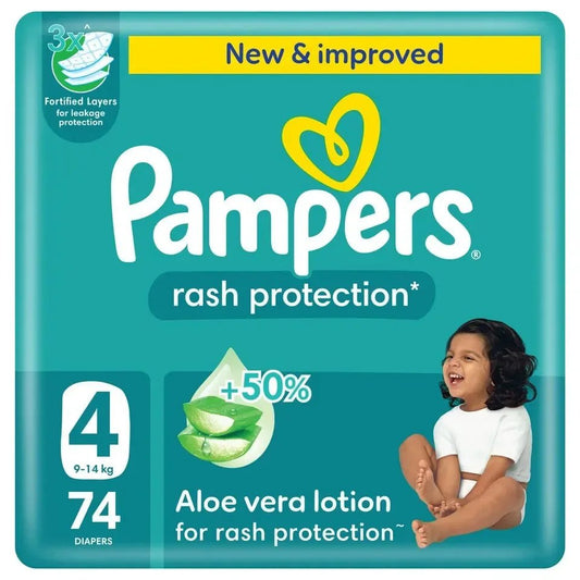 Pampers Baby Dry Rash Protection Taped Diapers, 3 - Layer Leak Protection, Giant Pack - Size 4 - 9 - 14 kg - 74 Pcs - Adenzo Comfies